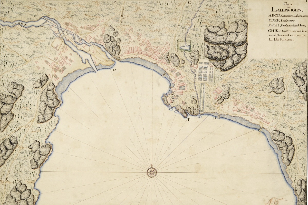  A map from 1688 showing Larvik’s oldest urban areas. Created by Peter Jacob Wilster (1661–1771), probably commis‑ sioned by Count Gyldenløv