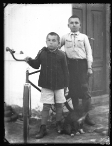 Dwóch chłopców z rowerem i psem