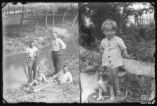Trzej mężczyźni i chłopiec oraz portret dziecka z psem