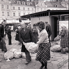 Jarmark na placu Zebrań Ludowych w Lublinie - wspólne dźwiganie worków z ziemniakami