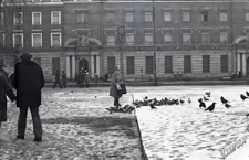 Plac Litewski w Lublinie zimą - kobieta karmiąca gołębie z Pocztą Gł&oacute;wną w tle