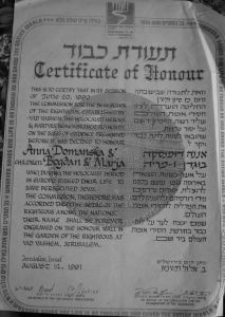 Dyplom „Sprawiedliwej wśród Narodów Świata” dla Anny Domańskiej, 06.11.200 r.