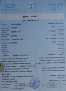 Life certificate of Gusta Gostynski, ocalonego przez rodzinę Domańskich, 15.08.1999 r.