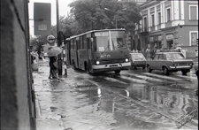 Krakowskie Przedmieście w Lublinie podczas deszczu - autobus typu Ikarus, nr 10