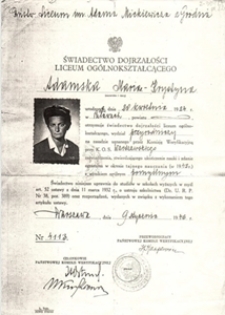 Świadectwo ukończenia szkoły przez Krystynę Adamską