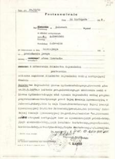 Postanowienie o odtworzeniu świadectwa dojrzałości Adama Piwowarka