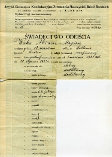 Waks Abram Mojżesz - świadectwo ukończenia Gimnazjum Koedukacyjnego Zrzeszenia Nauczycieli Szkoł Średnich w Lublinie