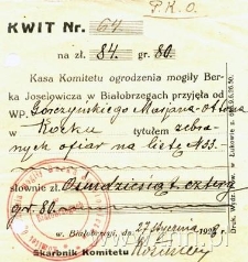 Pokwitowanie za wpłatę na budowę ogrodzenia grobu płk. Berka Joselewicza