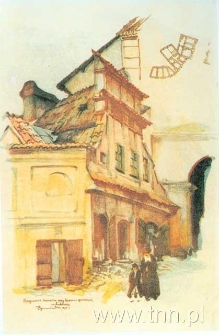 Fragment bazaru przy Bramie Grodzkiej. Litografia Jana Gumowskiego