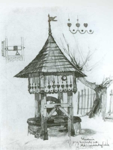 Studnia przy kościele na Kalinowszczyźnie. Szkic do litografii Jana Gumowskiego