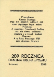 Druk okolicznościowy z okazji 289 rocznicy ocalenia Lublina z pożaru