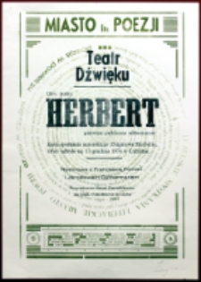 Afisz przygotowany w ramach projektu Teatr Dźwięku "Głos poety: Herbert", Miasto Poezji 2019