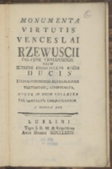 Karta tytułowa z publikacji Monumenta Virtutis Venceslai Rzewuscii Palatini