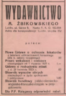 Wydawnictwo A. Żbikowskiego zamieszczona w czasopiśmie Nowe Życie : dwutygodnik ilustrowany, poświęcony literaturze, sztuce i życiu R.1, nr 2 i 3 (15 czerwca 1925)