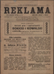 Pierwsza strona pisma "Reklama", dwutygodnik poświęcony sprawom reklamy i lubelskim stosunkom gospodarczym, organ Biura "Reklama" w Lublinie, R.1, nr 1 (1919)
