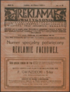 Pierwsza strona pisma "Reklama", dwutygodnik poświęcony sprawom reklamy i lubelskim stosunkom gospodarczym, organ Biura "Reklama" w Lublinie, R. 2, nr 5/6 (1922)