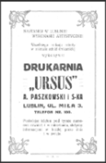 Reklama drukarni Ursus zamieszczona w wydawnictwie "Skorowidz Firm Chrześcijańskich Miasta Lublina"