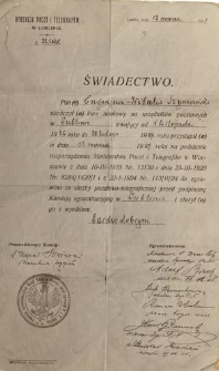 Świadectwo ukończenia kursu na urzędnika pocztowego