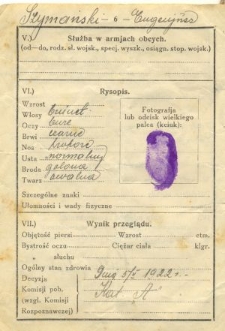 Odcisk kciuka Eugeniusza Szymańskiego w książeczce wojskowej