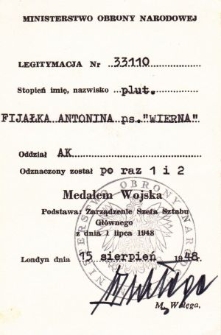 Medal Wojska nadany Antoninie Fijałce nr 1 i 2