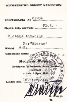 Medal Wojska nadany Antoninie Fijałce nr 3 i 4