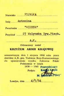 Legitymacja Krzyża Armii Krajowej Antoniny Fijałki