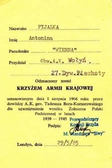 Legitymacja Krzyża Armii Krajowej nr 33352 Antoniny Fijałki