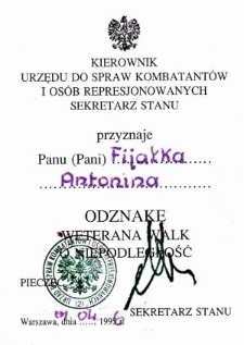 Legitymacja Weterana Walk o Niepodległość Antoniny Fijałki