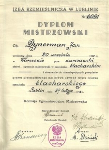 Dyplom mistrzowski Jana Dynermana