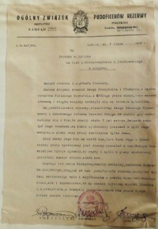 List kondolencyjny do Zarządu Miasta Lublin wysłany przez Ogólny Związek Podoficerów Rezerwy