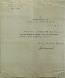 List kondolencyjny od dyrektora Okręgu Poczt i Telegrafów w Lublinie