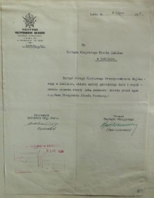 List kondolencyjny skierowany przez Pocztowe Przysposobienie Wojskowe do Zarządu Miasta Lublina
