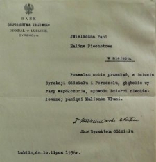 List kondolencyjny wysłany do Haliny Piechoty przez Bank Gospodarstwa Krajowego Oddział w Lublinie