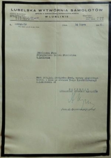 List kondolencyjny skierowany do Haliny Piechoty przez dyrekcję Lubelskiej Wytwórni Samolotów