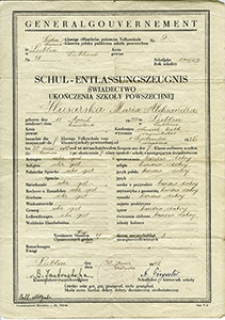 Świadectwo szkolne Marii Ślusarskiej