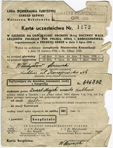 Karta uczestnictwa w obchodach 20-tej rocznicy walk Legion&oacute;w Polskich pod Polską G&oacute;rą i Kościuchn&oacute;wką