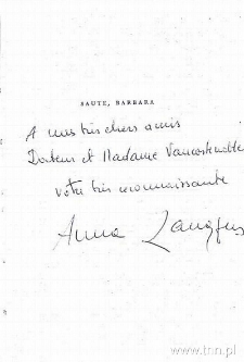 Anna Langfus - autograf w książce "Saute, Barbara"