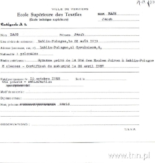 Fiszka dot. Jakuba Rajsa(pierwszego męża Anny Langfus, studenta Wyższej Szkoły Włókienniczej w Verviers