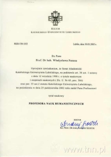 Dyplom nadania Władysławowi Panasowi stopnia profesora nauk humanistycznych