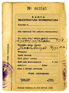 Karta Rejestracyjna Reemigracyjna – Estera Fajga Hochberger