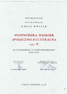 Nagroda Wojew&oacute;dzka Społeczno-Kulturalna dla Adeli W&oacute;jcik