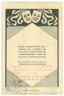 Karta uczestnictwa w Konfrontacjach Młodego Teatru - rewers