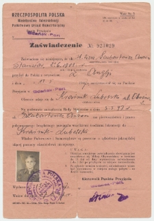 Zaświadczenie wydane przez Państwowy Urząd Repatriacyjny ws. Antoniego Szubartowicza