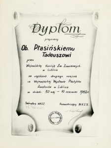 Wojewódzka Komisja Związków Zawodowych w Lublinie: dyplom dla Tadusza Ptasińskiego