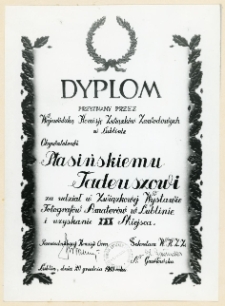 Wojewódzka Komisja Związków Zawodowych w Lublinie: dyplom dla Tadusza Ptasińskiego