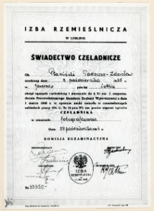 Izba Rzemieślnicza w Lublinie: świadectwo czeladnicze Tadeusza Ptasińskiego