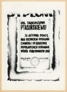Fotoklub Camera ZURiT: dyplom dla Tadusza Ptasińskiego