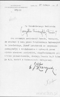 List J. Kruszyńskiego do władz uniwersyteckich KUL