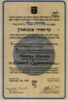 Dyplom nadania Honorowego Obywatelstwa Państwa Izraela Edwardowi Cyganiewiczowi