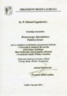 List gratulacyjny od Prezydenta Miasta Lublina dla Edwarda Cyganiewicza. 9 stycznia 2001.